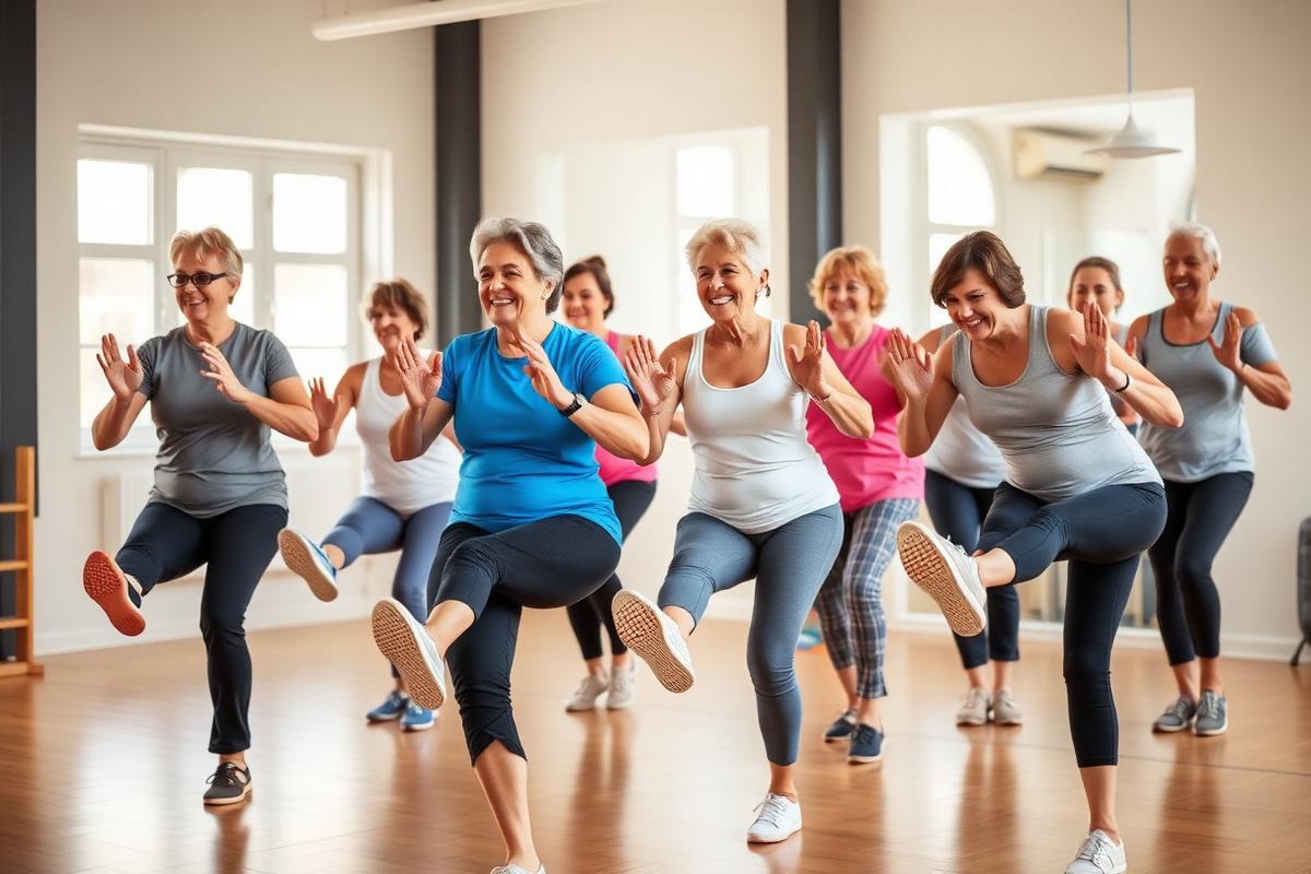 Gruppe von Erwachsenen bei gemeinsamen Beinübungen